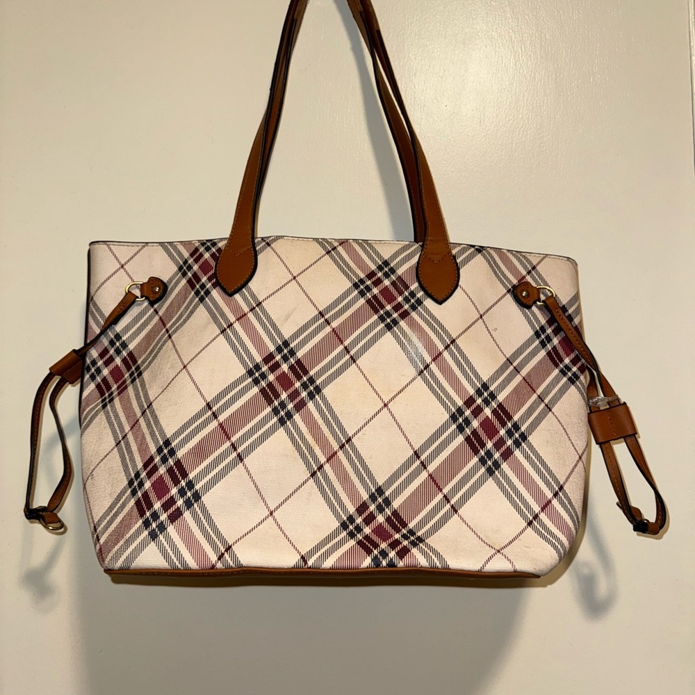 Cream and Brown Tartan Tote with Leather Handles